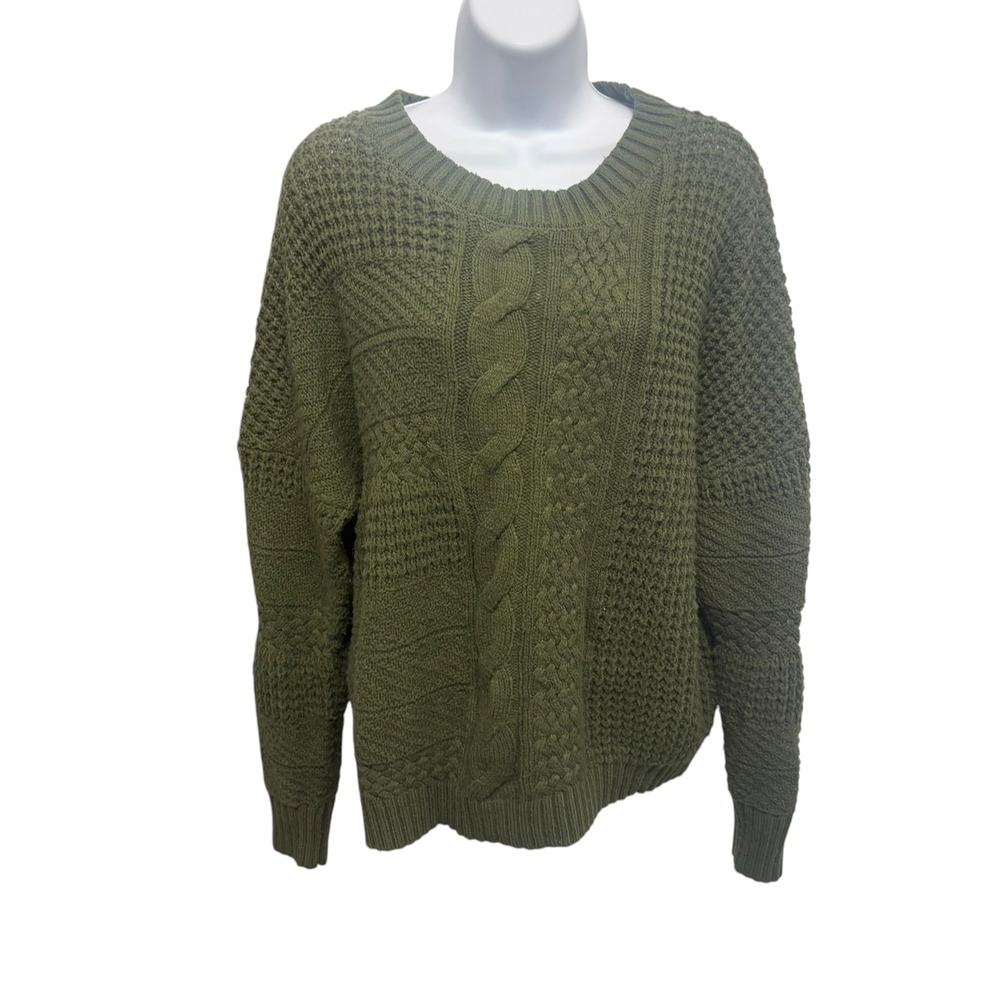 Time and Tru Womens XL Olive Green Mixed Cable Knit Crew Neck Sweater Pullover
